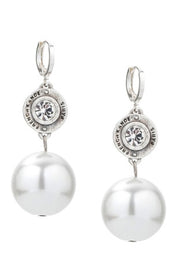 Earrings with large faux white Pearls hanging from Austrian Crystal Annecy pendants.